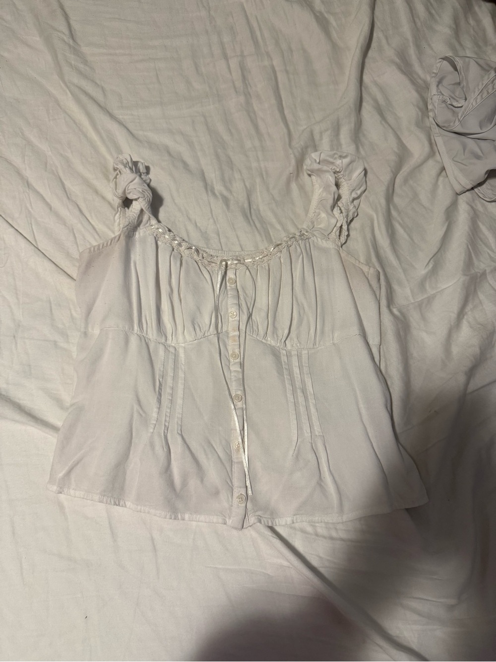 Hollister White Ruffle-Strap Button Front Tank